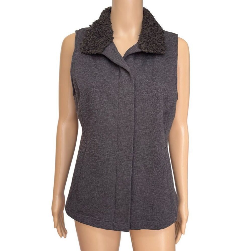 J. JILL Vest Brown Sherpa Lined Fur Collar French Terry Knit size S cotton blend